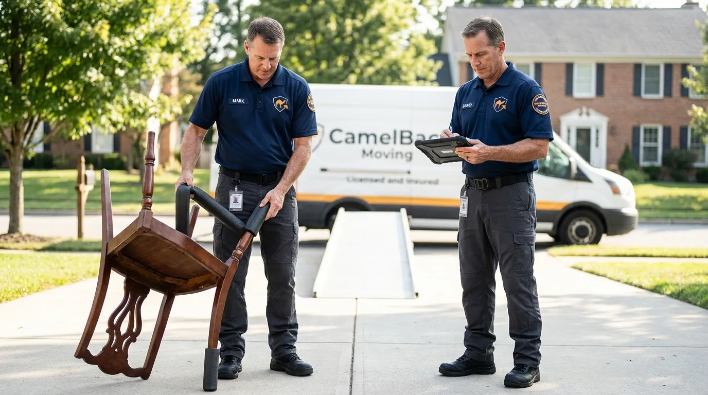 Movers inspecting furniture for damage prevention before loading in Richwood, WV
