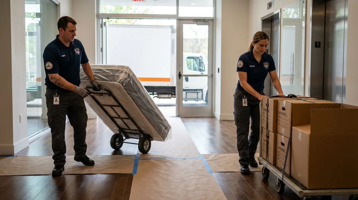 Professional apartment movers loading elevator in Richwood, WV
