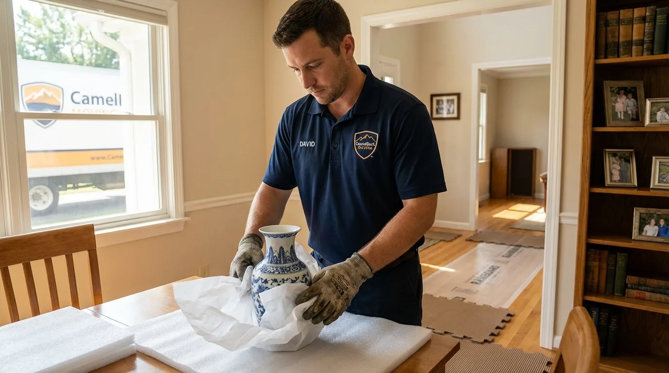 Professional crew carefully wrapping antique vase for senior downsizing move in Richwood, WV